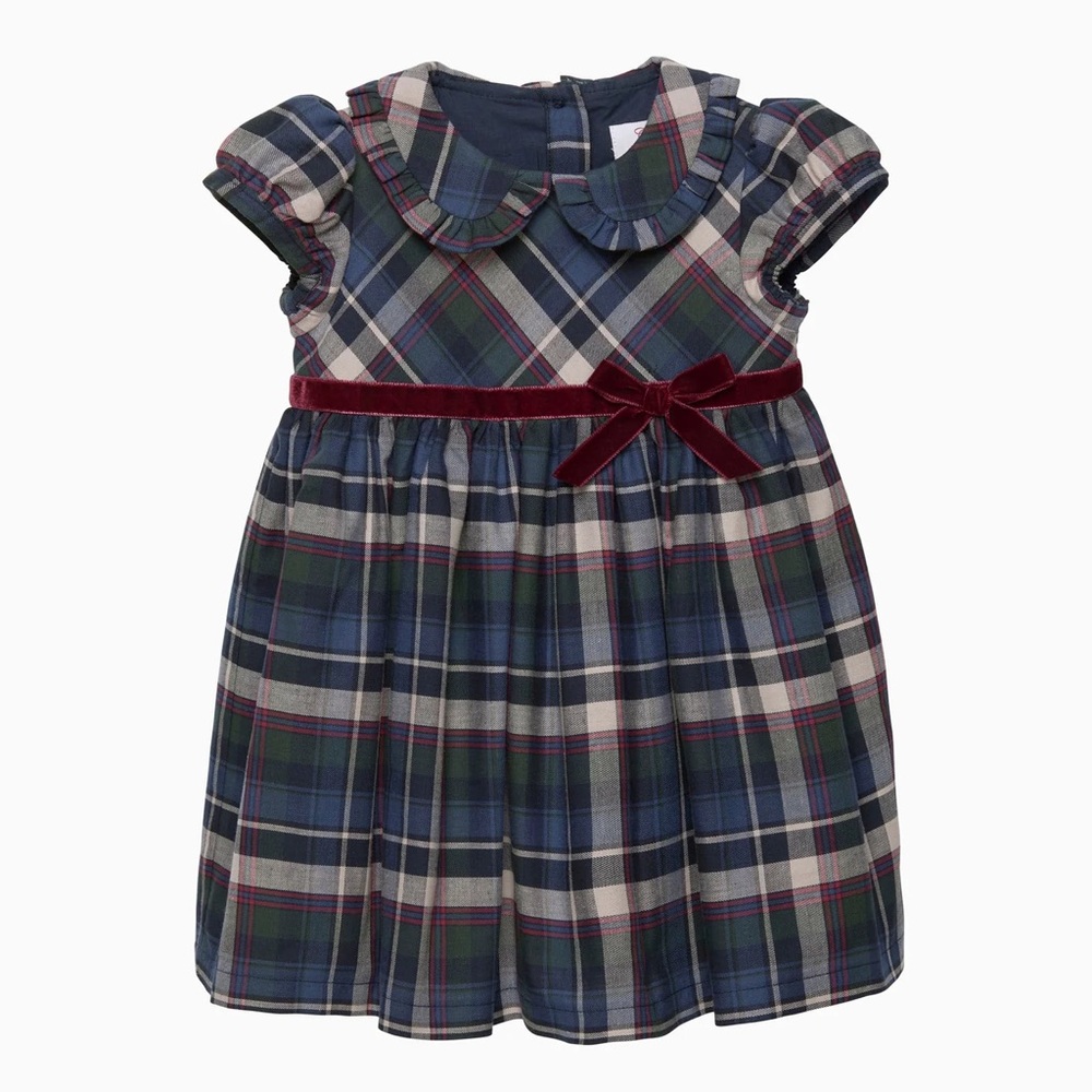 Trotters Blue Plaid Dress with Red Velvet Bow